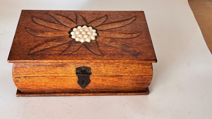 French Wooden Box with Geometric Floral Ceramic Inlay, 1950s for