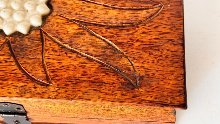 French Wooden Box with Geometric Floral Ceramic Inlay, 1950s for