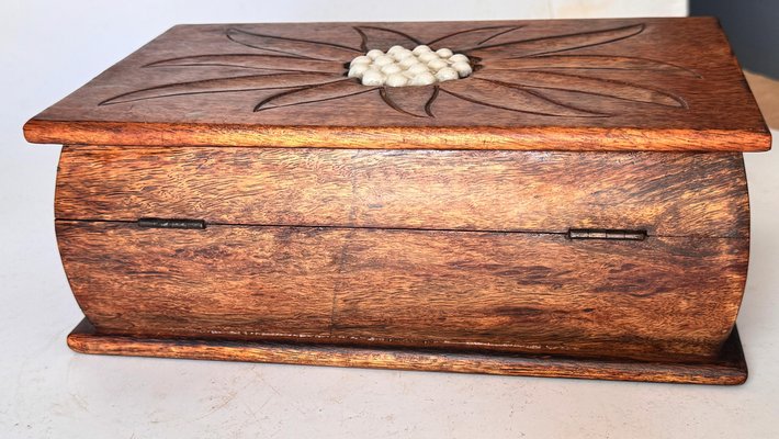 French Wooden Box with Geometric Floral Ceramic Inlay, 1950s for
