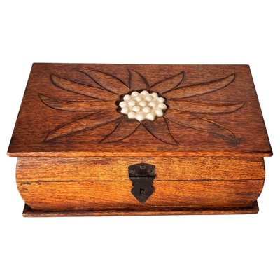 アンティーク雑貨 france vintage stencil wood box French Wooden Box with Geometric Floral Ceramic Inlay, 1950s for