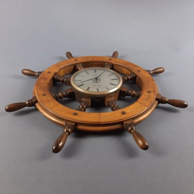 Robuste Ambre Montre En Bois Horloge Murale Roue De Navire Vintage - Main Image
