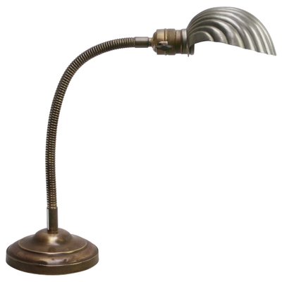 Art Deco Belgian Shell Brass Gooseneck Desk Lamp for sale at Pamono