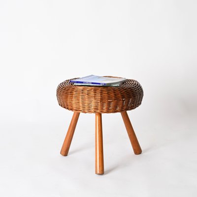 Large Vintage Stools in Wicker and Wood by Tony Paul, 1950s, Set