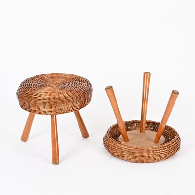Large Vintage Stools in Wicker and Wood by Tony Paul, 1950s, Set