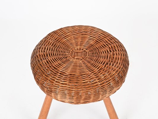 Large Vintage Stools in Wicker and Wood by Tony Paul, 1950s, Set