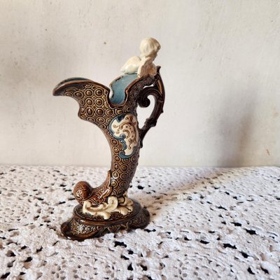 Small Austrian Bodenbach Majolica Horn Vase with Cherub Bust from