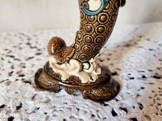 Small Austrian Bodenbach Majolica Horn Vase with Cherub Bust from