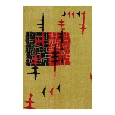 Vintage Chartreuse Rug with Red and Black Pattern by Zeki Müren