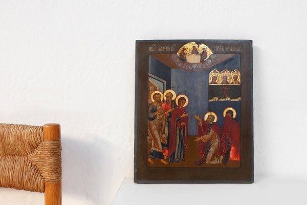 Traditional Religious Icon with Saint Healing a Sick Person, 1800s