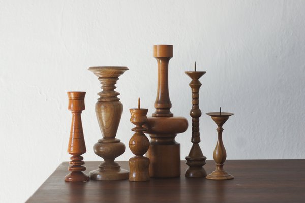 Skandinavische Kerzenhalter aus Holz, 6 . Set