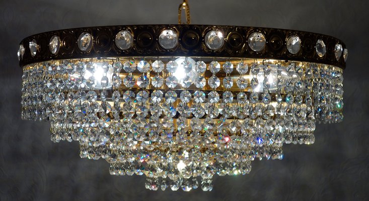 24 Karat Gold-Plated Brass and Lead Crystal 7-Flame Chandelier
