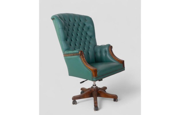 Vintage Swivel Office Chair in Green Leather and Carved Wood