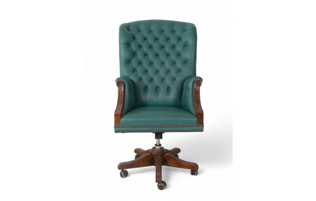 Vintage Swivel Office Chair in Green Leather and Carved Wood
