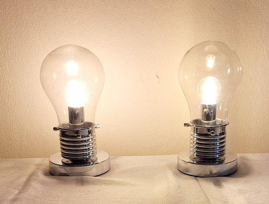 Vintage Glühbirne Nachttischlampen aus verchromtem Metall mit klarem birnenförmigem Glasschirm von Wofi-Leuchten, 2000er, 2er Set bei Pamono kaufen