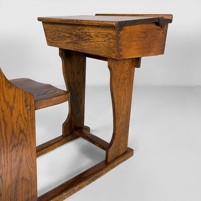 Vintage Italian School Desk in Wood and Ceramic Inkwell, 1930s for