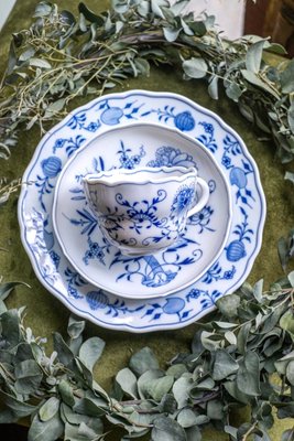 Vintage Porcelain Cups in Saucers and Plates with Onion Decoration
