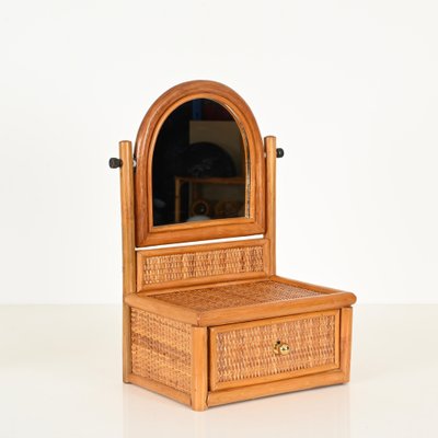 Italienischer Mid-Century Schminkspiegel aus Bambus, Rattan & Messing,  1970er bei Pamono kaufen