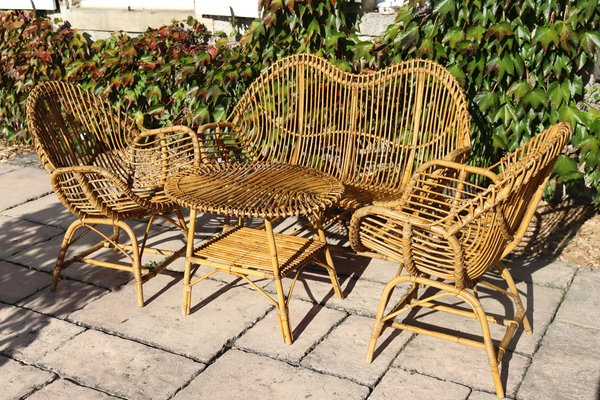 Franco Albini zugeschriebene Rattan & Bambus Gartenmbel, Italien, 1960er,  4er Set bei Pamono kaufen