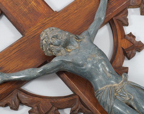 Antique Neo-Gothic Carved Oak Crucifix with Bronzed Spelter Corpus