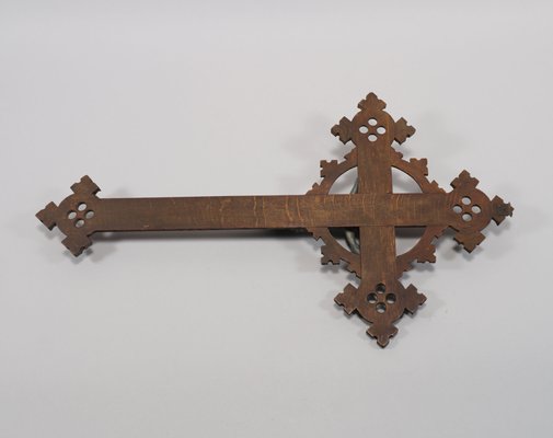 Antique Neo-Gothic Carved Oak Crucifix with Bronzed Spelter Corpus