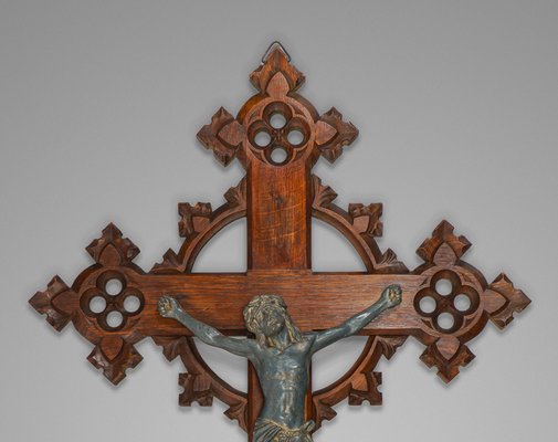 Antique Neo-Gothic Carved Oak Crucifix with Bronzed Spelter Corpus
