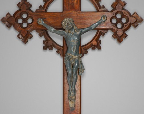 Antique Neo-Gothic Carved Oak Crucifix with Bronzed Spelter Corpus