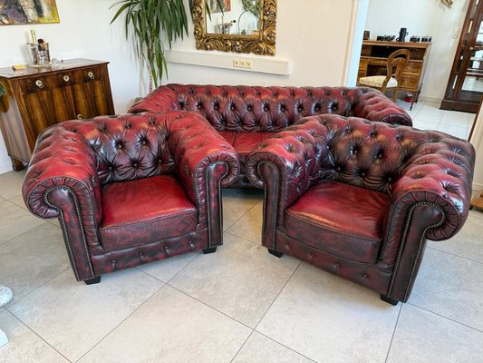 Chesterfield Sofa and Club Armchairs in Leather, Set of