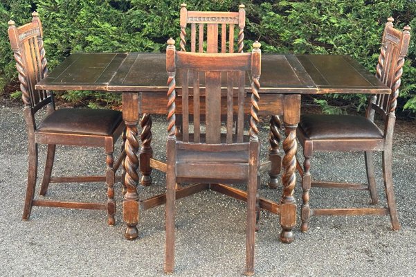 Antiker ausziehbarer Esstisch mit Stühlen aus geflochtenem Holz und Leder, England, 1800er 5er Set bei Pamono kaufen
