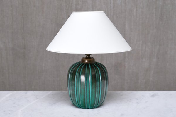 Grüne Tischlampe aus glasierter Keramik von Einar Luterkort für Upsala Ekeby, Schweden, 1930er bei Pamono kaufen