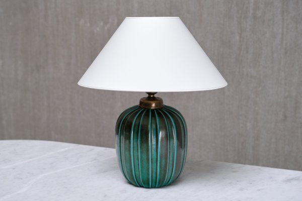 Grüne Tischlampe aus glasierter Keramik von Einar Luterkort für Upsala Ekeby, Schweden, 1930er bei Pamono kaufen