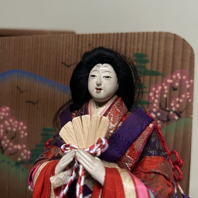 Japanese Emperor and Empress Hina Dolls with Wooden Box, 1950s