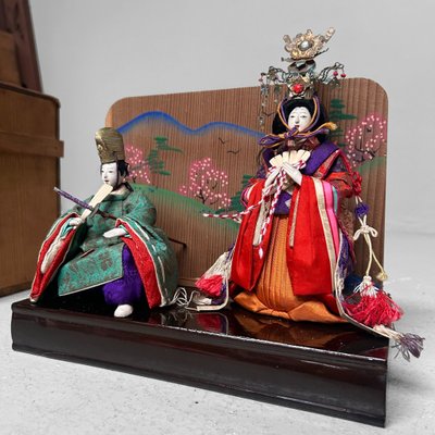 Japanese Emperor and Empress Hina Dolls with Wooden Box, 1950s