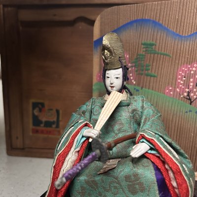 Japanese Emperor and Empress Hina Dolls with Wooden Box, 1950s