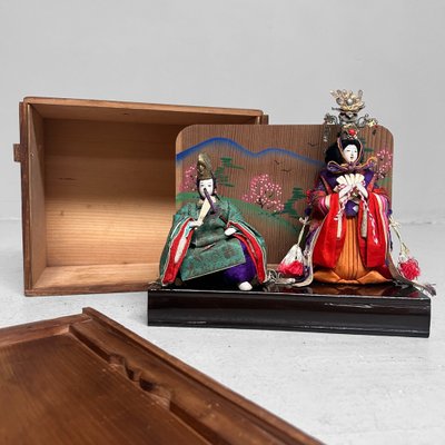 Japanese Emperor and Empress Hina Dolls with Wooden Box, 1950s