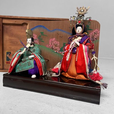 Japanese Emperor and Empress Hina Dolls with Wooden Box, 1950s