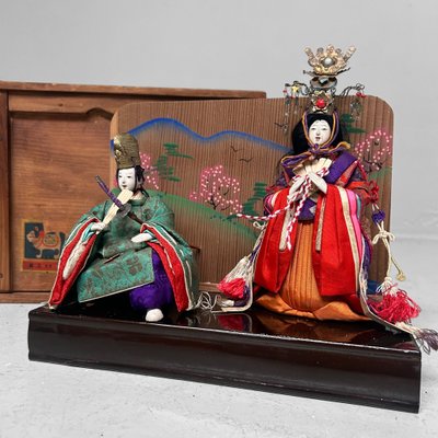 Japanese Emperor and Empress Hina Dolls with Wooden Box, 1950s