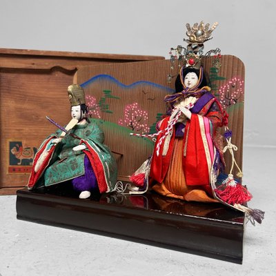 Japanese Emperor and Empress Hina Dolls with Wooden Box, 1950s