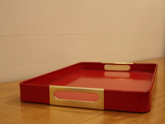 PATIKIL Vassoio Da Servizio Rettangolare In Plastica Con Manici Dorati, 30,5x21,8 Cm, Resistente E Decorativo, Per Dolci, Caffè, Tè, Rosso