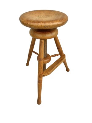 Industrial French Adjustable Wooden Tripod Swivel Screw Stool