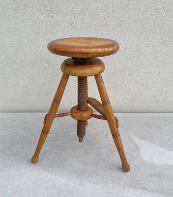 Industrial French Adjustable Wooden Tripod Swivel Screw Stool