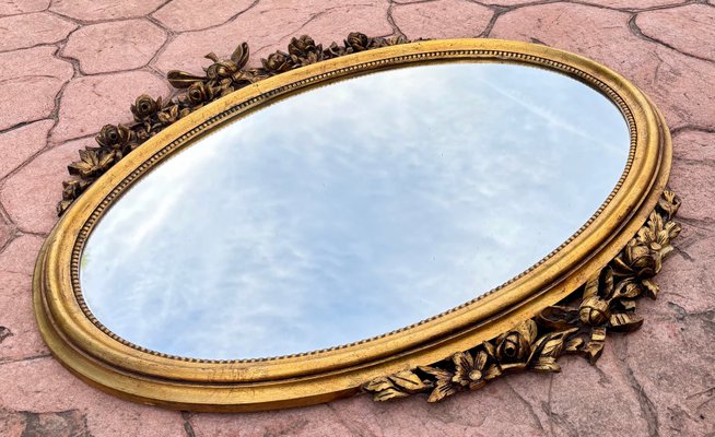 Louis XVI Style Oval Wall Mirror with Gilt Frame and Floral