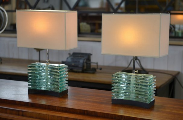Brutalist Lamps in Raw Glass with Beige Lampshades, 1960s, Set of