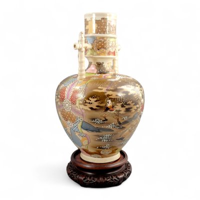 Large Meiji Satsuma Samurai Vase with Bamboo Handles by Kinkozan
