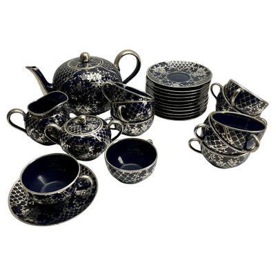 Vintage Silver Overlay and Cobalt Porcelain Tea/Coffee Set by