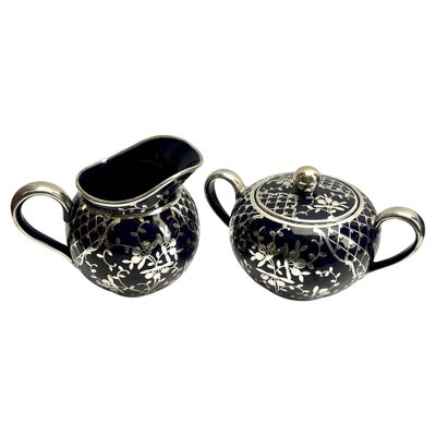 Vintage Silver Overlay and Cobalt Porcelain Tea/Coffee Set by