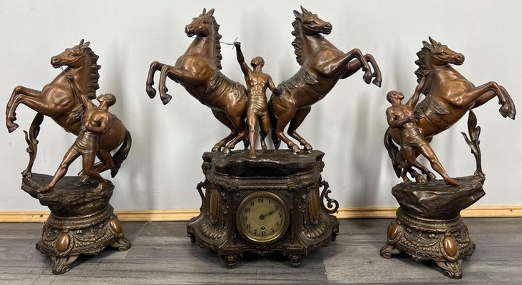 Vintage French Figural Mantel Clock Set in Metal with Horses and