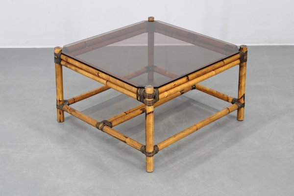 Bamworld Tavolino Da Caffè In Rattan E Bambù – Stile Mid-Century Modern – Piano In Vetro Temperato 1,5 Cm – 119,9x43,7x55,9 Cm - 2
