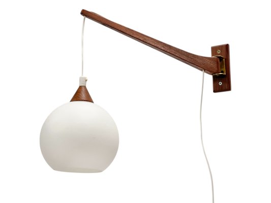 Mid-Century Modern Wall Lamp with Swing Arm in Teak and Opaline