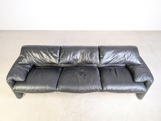 Maralunga Sofa in Black Leather by Vico Magistretti for Cassina