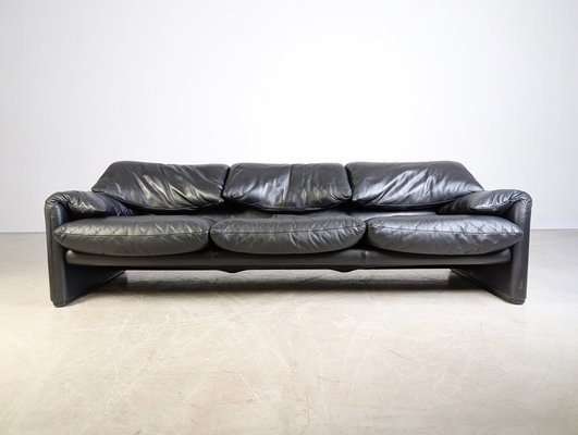 Maralunga Sofa in Black Leather by Vico Magistretti for Cassina